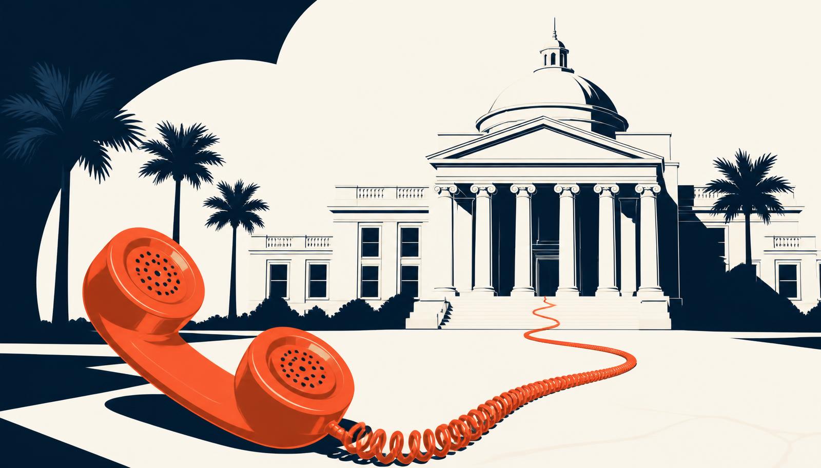 Illustration of a Florida courthouse with an orange telephone cord running toward its doors
