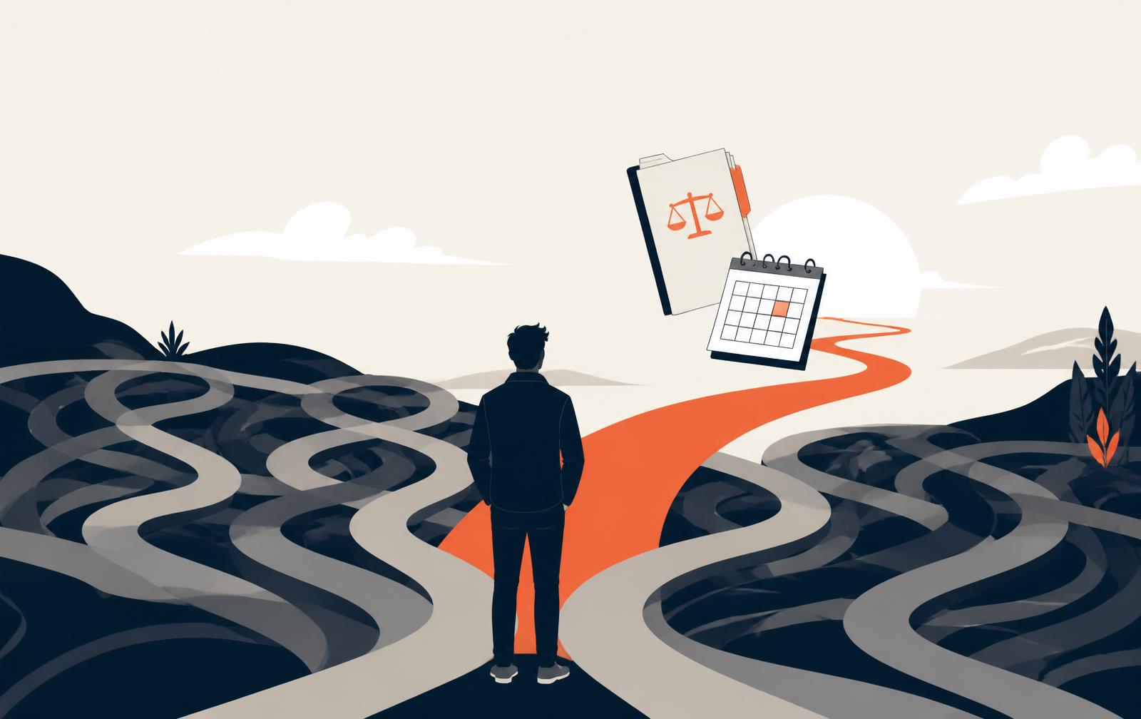 Illustration of a person choosing one clear orange path through tangled legal routes